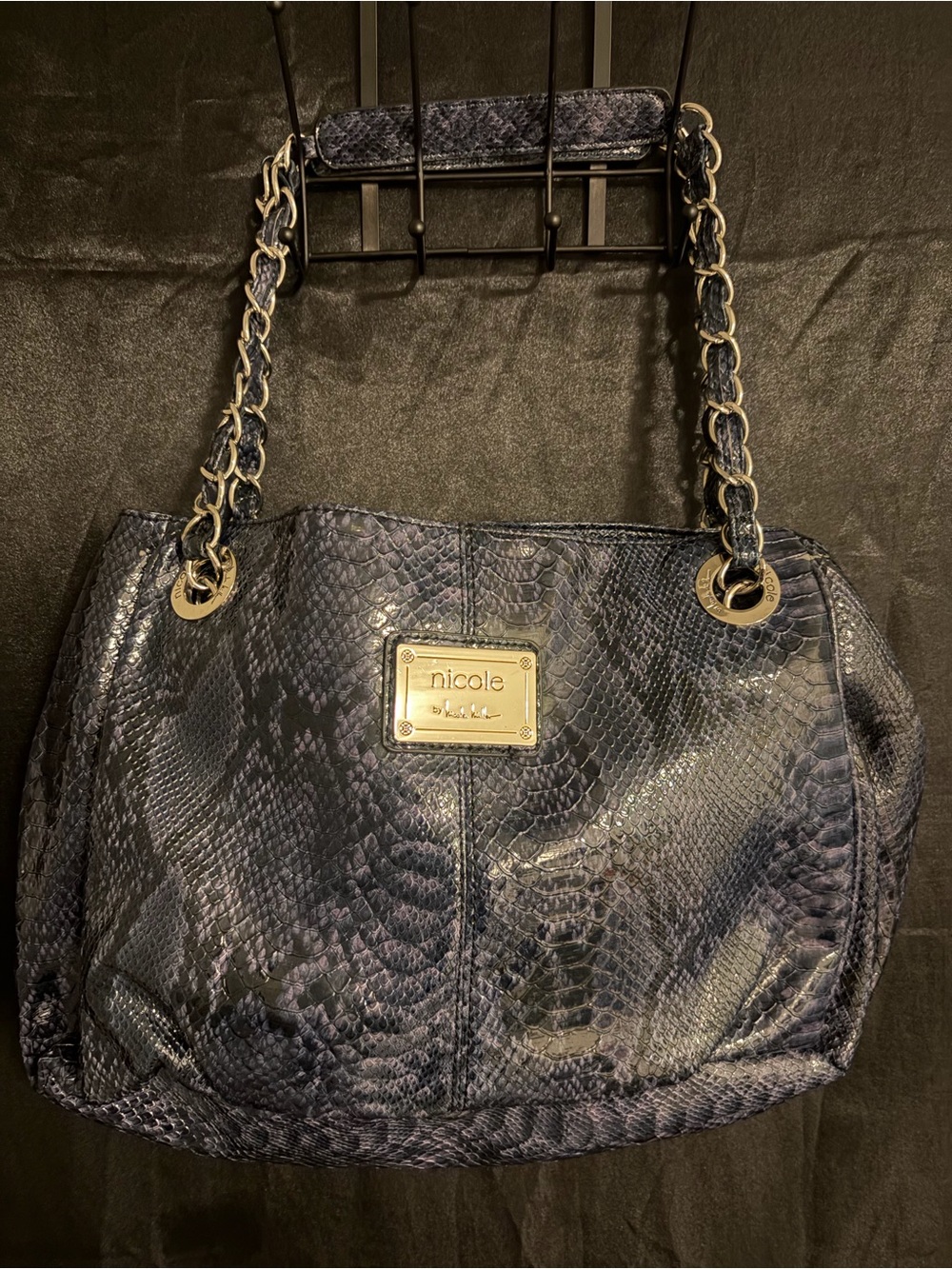 Nicole by Nicole Miller Navy Snake-Effect Shoulder Tote with Chain Straps